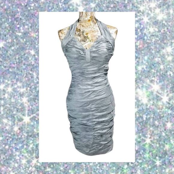 Formal Cocktail Dress Shiny Light Metallic Blue Halter Gathered Tight Bodycon - Picture 2 of 11